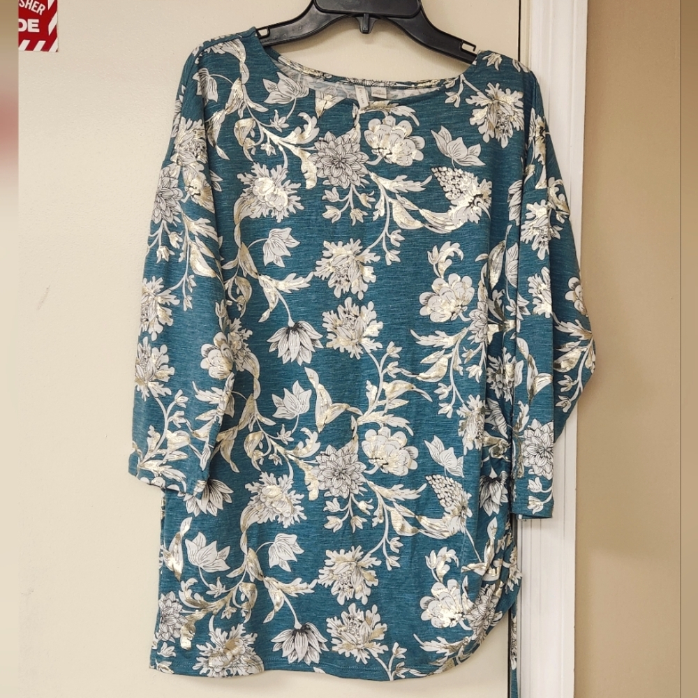 Cato Green Top With White & Gold Foil Flowers 3/4 Sleeve & Drawstring On One Sid
